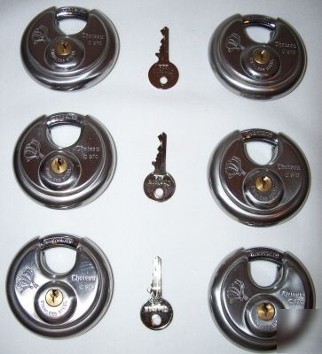 New set of 6 stainless steel disk locks. keyed alike