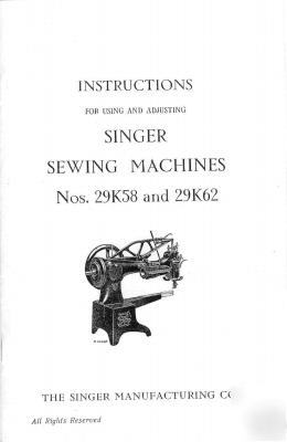 Singer 29K58 29K62 user adjuster industrial manual 