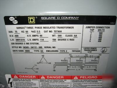 Square d transformer 75 kva 75KVA 75T96H 480/380/219V
