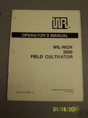 Wil-rich 2800 field cultivator parts book manual