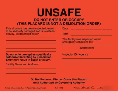 Fifty (50) damage assessment placards, red - unsafe