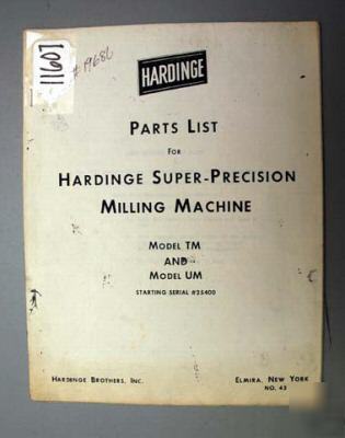 Hardinge parts list super-precision milling machine: