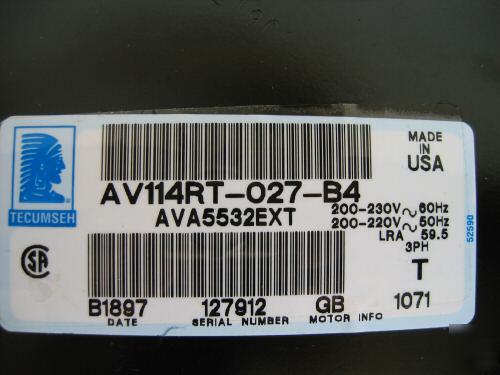 Tecumseh refrigeration compressor AVA5532EXT 32000BTUH