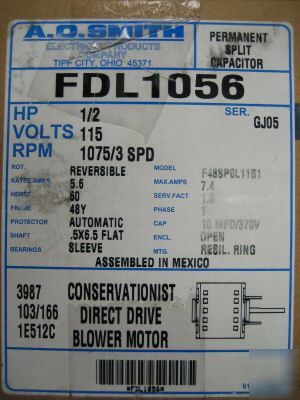 New ao smith FDL1056 direct drive blower motor 1/2 h.p. 