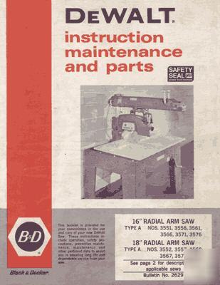 Dewalt 16 & 18 inch type a radial arm saw manual