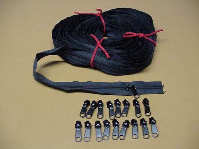Black heavy #8 coil sewing zipper 60 ft & 18 pulls nice