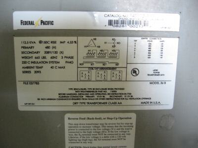 Fpe 112.5 kva 480V-208Y/120V transformer T4T112 nema 3