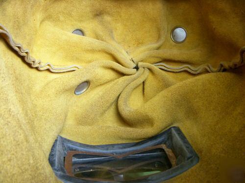 Old leather welder's hood goggles burning steampunk man