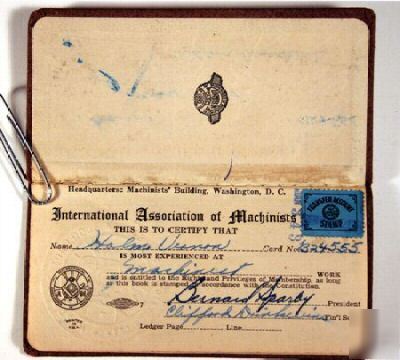 1939 - 1953 machinists dues stamp book