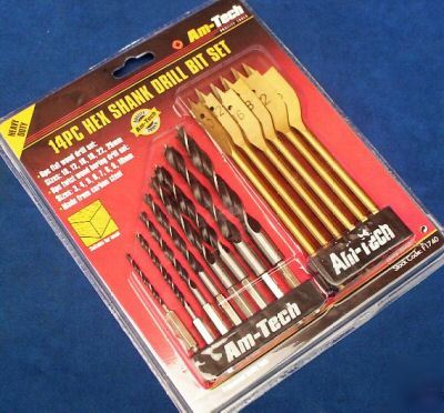 14PC hex shank wood drill set - 6X flat & 8X twist bits